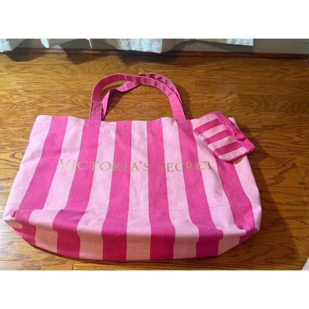 Victoria's Secret Pink Stripe Canvas Jumbo Tote Bag Large W/ Coin Bag Y2K 90's